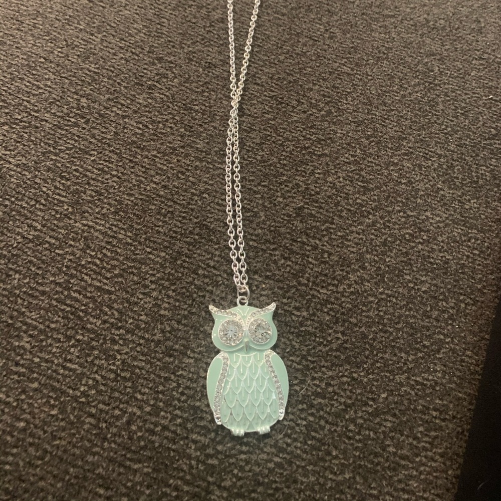 Long white metal necklace with green/teal owl